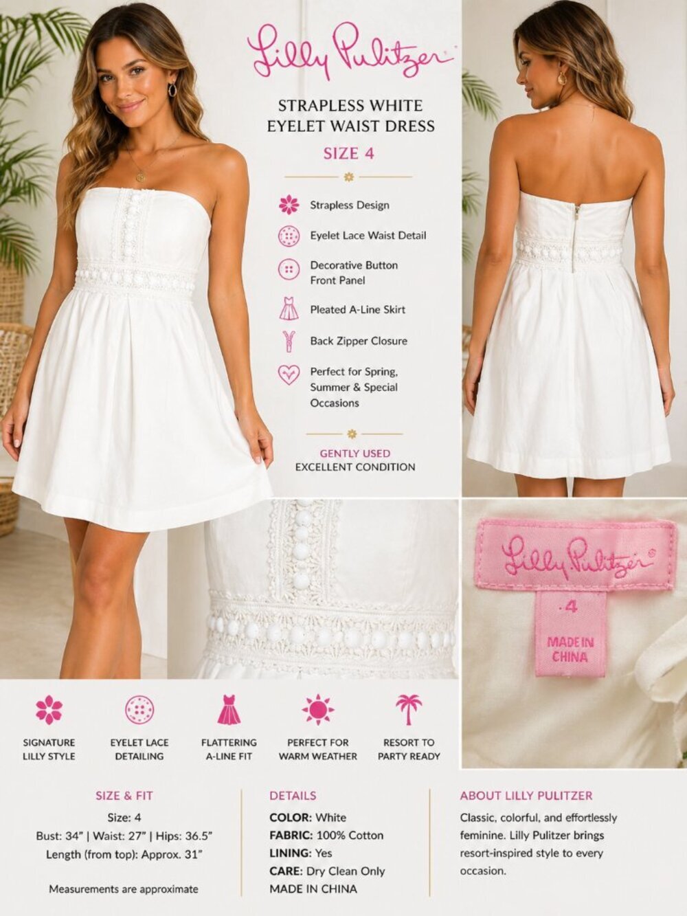 Lilly Pulitzer White Strapless Eyelet Waist Dress Size 4